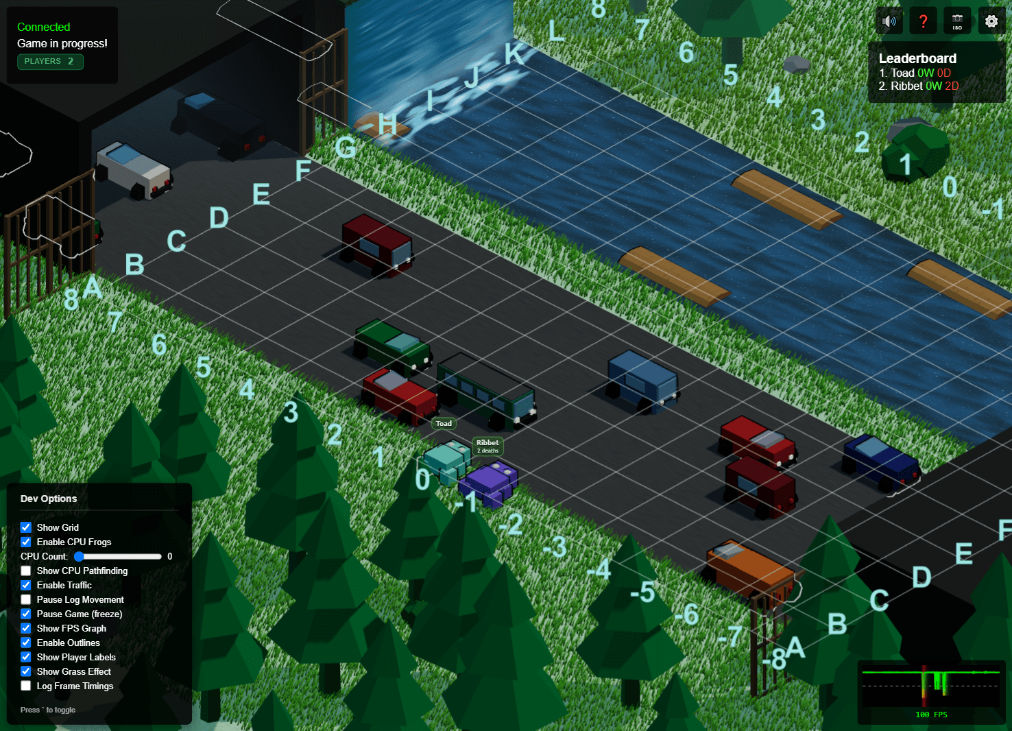 The game in isometric view with the dev menu open in the lower-left, a grid overlay of lettered and numbered coordinates across the board, and the FPS graph holding green in the lower-right.