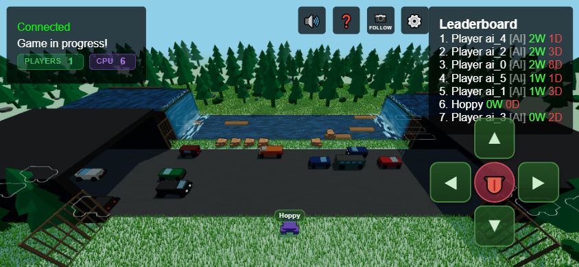 The game in a landscape phone viewport: a directional D-pad and a red tongue button sit in the bottom-right corner, leaving the play area clear.