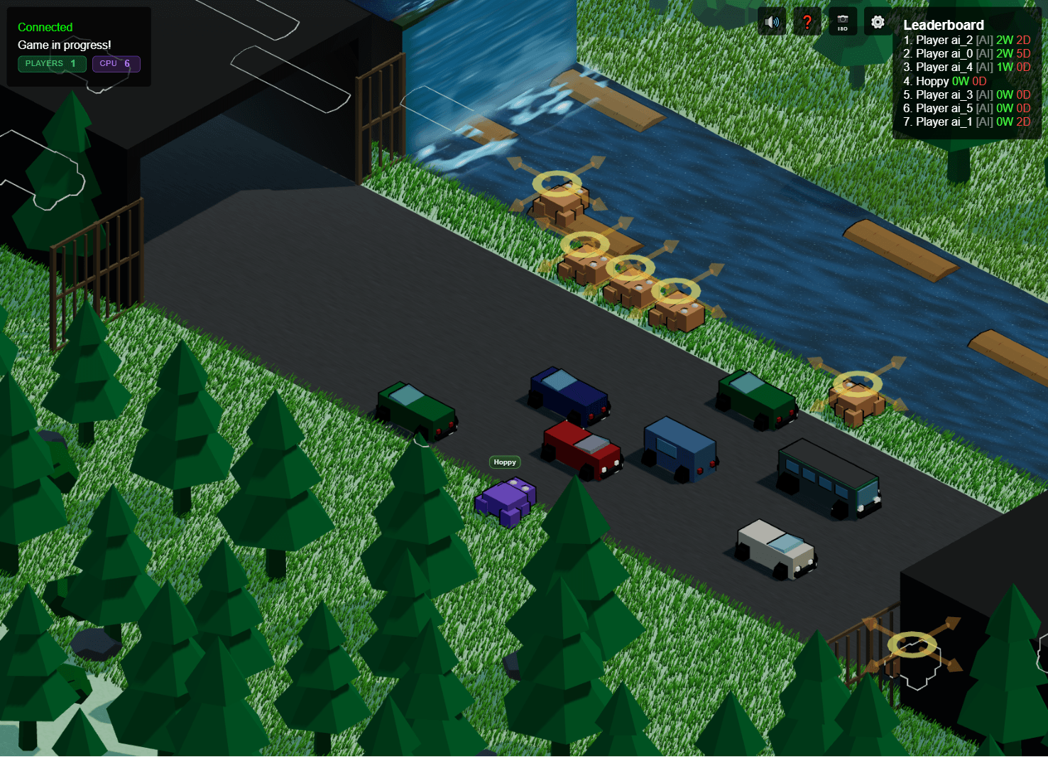 The pathfinding debug overlay turned on: gold rings with directional arrows hover above each AI frog, showing the moves it is currently evaluating.